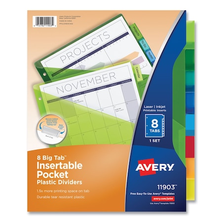 Avery Dennison Divider, Plastic Pocket, 8Tb, Assorted, PK5 11903